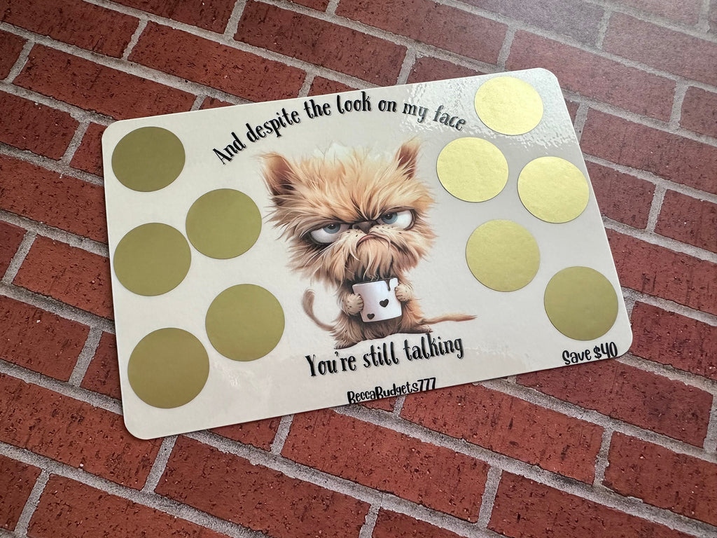 GRUMPY COFFEE DOG scratch off savings challenge