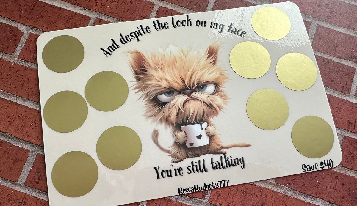 GRUMPY COFFEE DOG scratch off savings challenge