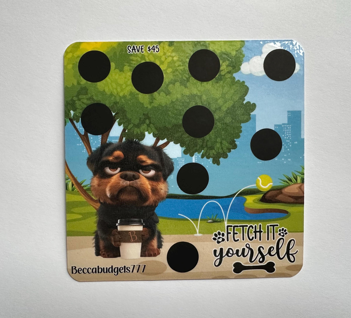 GRUMPY FETCH DOG scratch off savings challenge